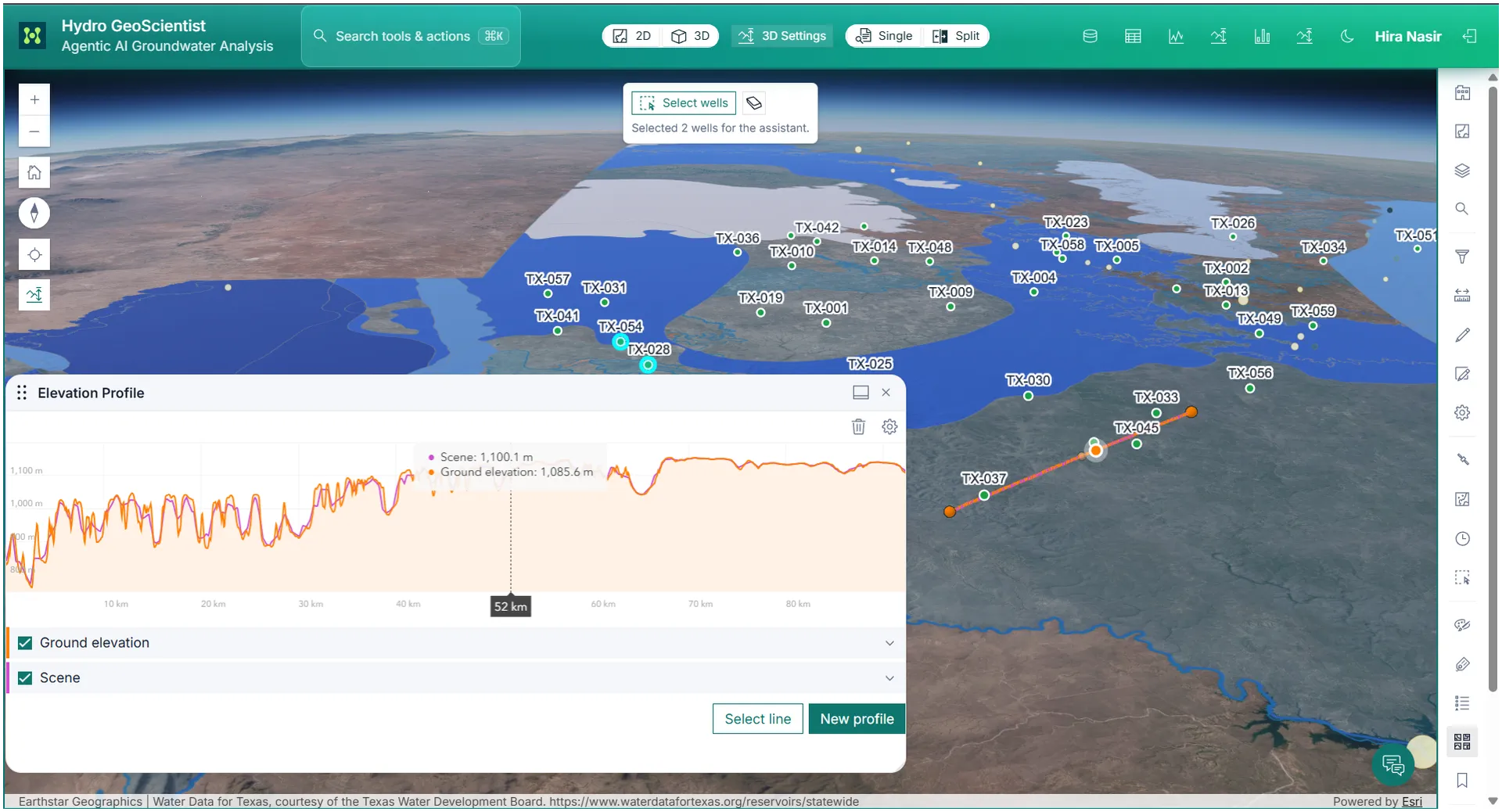 Elevation profile panel in a GIS workspace.